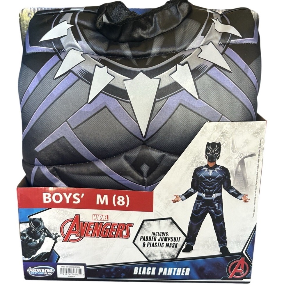 Black Panther Costume Boys Med 8 All Offers Considered Padded Jumpsuit Mask NIB - Picture 1 of 4